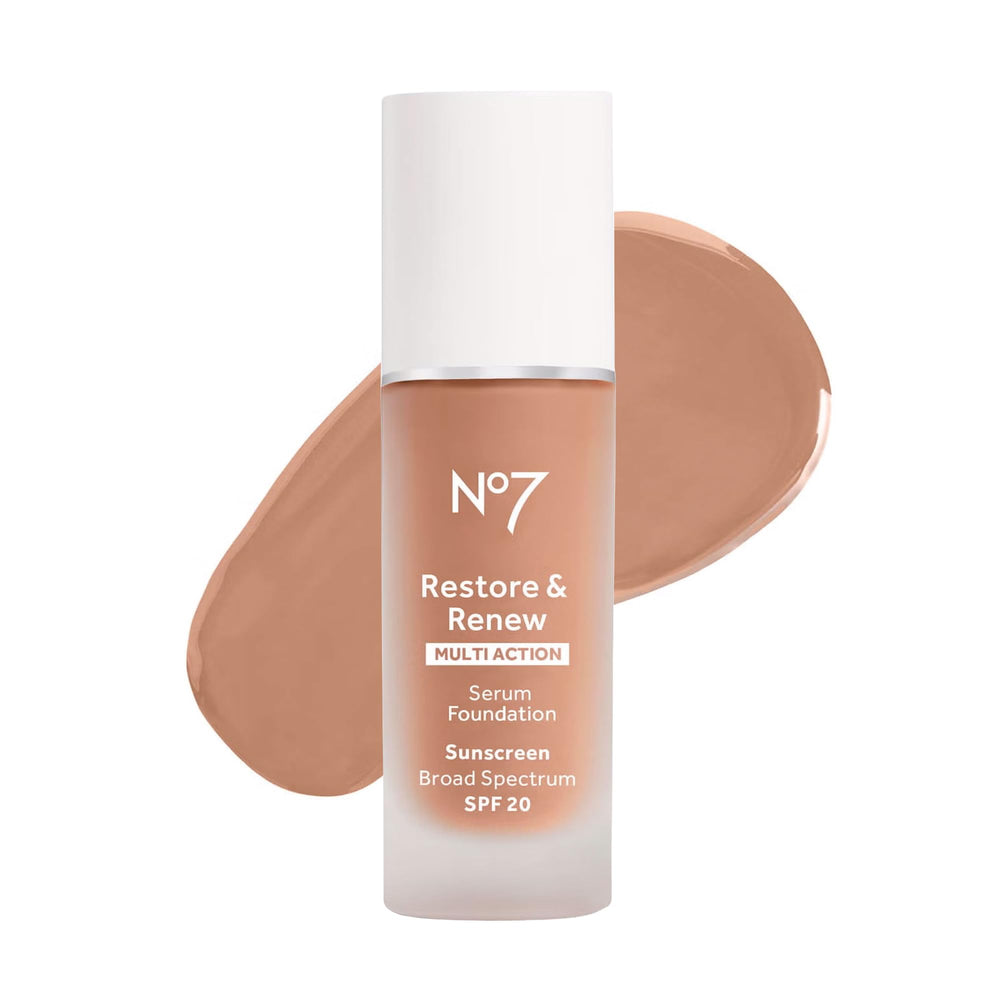 No7 Restore & Renew serum foundation wheat bottle shows lightweight finish potential