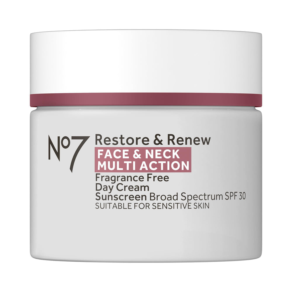 No7 Restore & Renew SPF30 Day Cream tube closeup showing smooth texture for daily use.