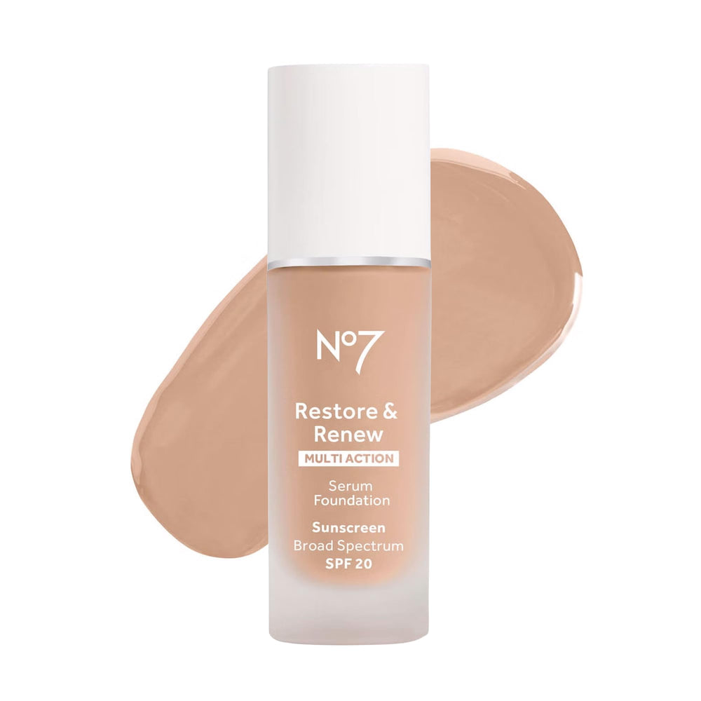 No7 Restore and Renew foundation bottle closeup showing radiant glow potential