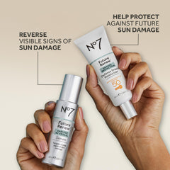 No7 1.69 fl oz bottle in hand to show size and travel-friendly daily sunscreen