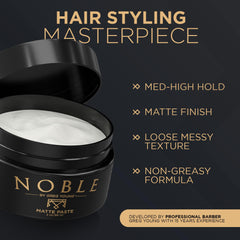 Noble By Greg Young hair paste application in hands highlights heat-pliable texture for quick styling