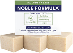 Noble Formula 2% ZnP bar soap with olive oil and argan oils for daily cleansing.