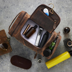 NomadCraftsCo wide lid design for quick access to shaving kits and cosmetics.