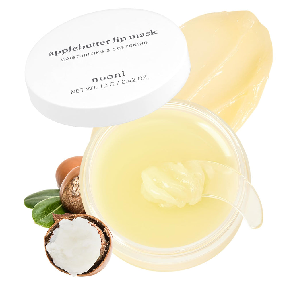 NOONI Applebutter Lip Mask jar shows overnight hydration for dry lips.