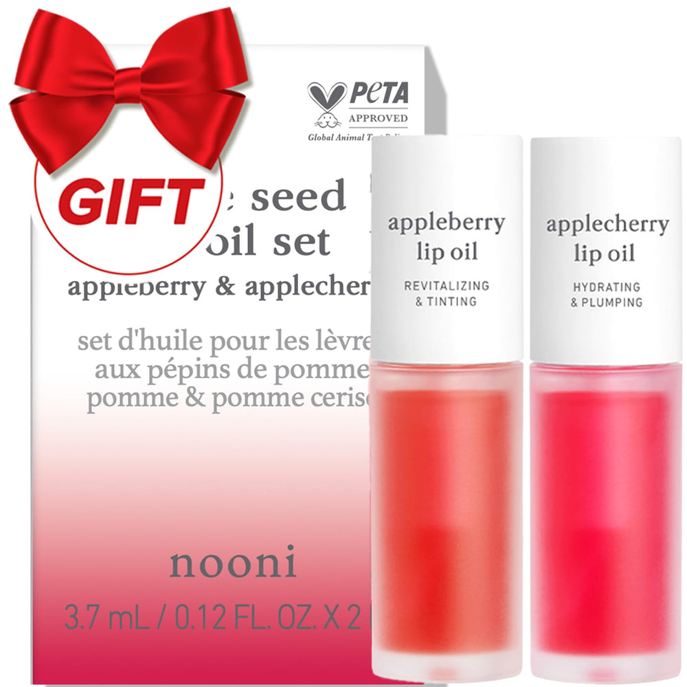 NOONI Appleberry lip oil bottle close-up shows hydrating lip glow.
