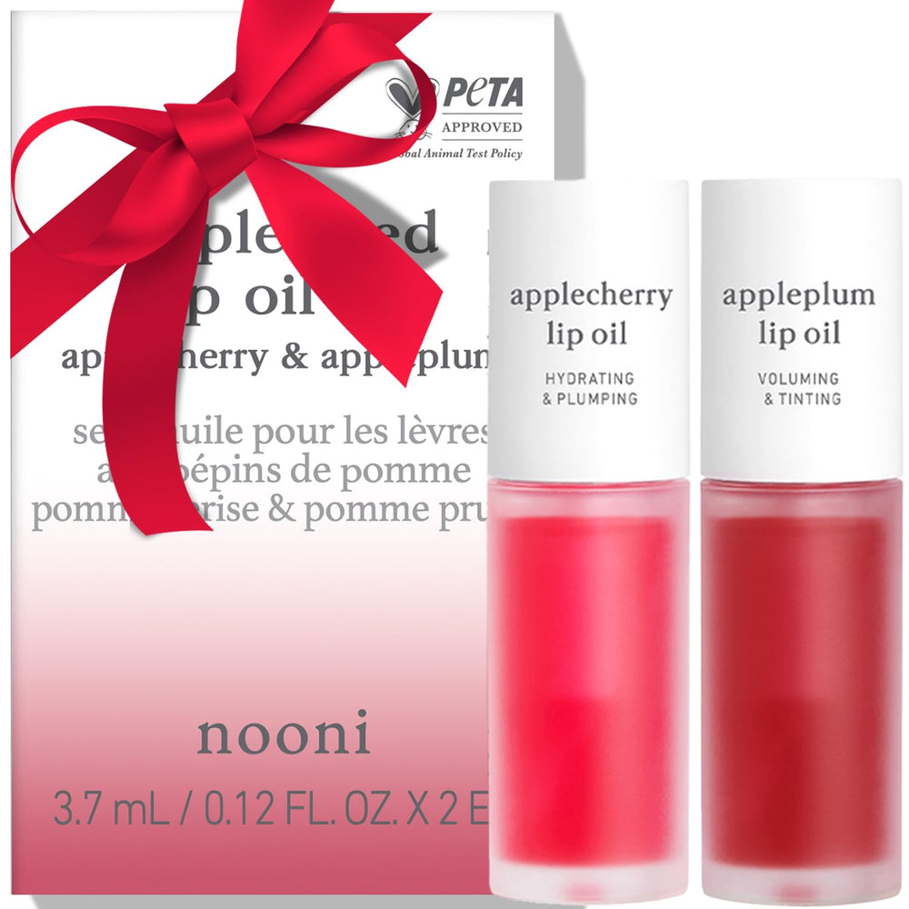 NOONI lip oil set box packaging shows Applecherry and Appleplum for glossy hydration.