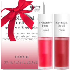NOONI lip oil set box packaging shows Applecherry and Appleplum for glossy hydration.