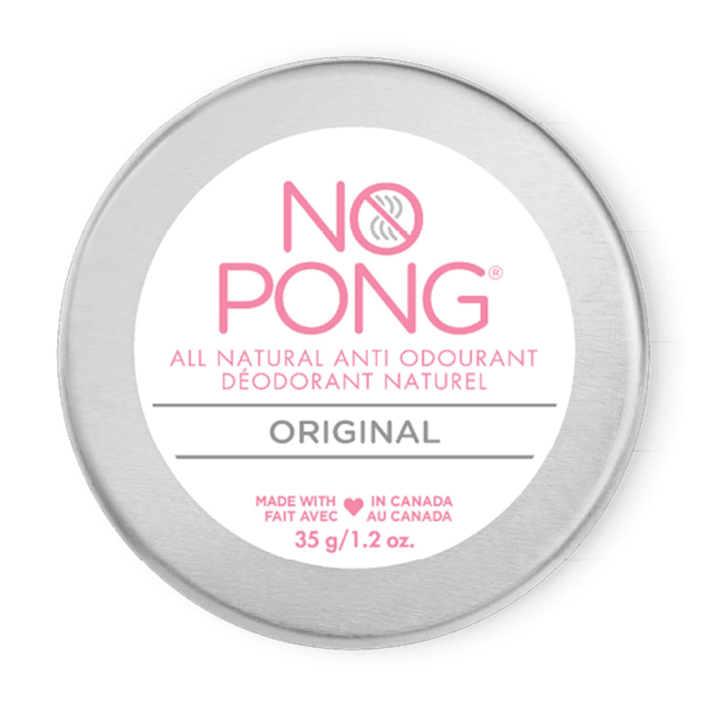 NO PONG original deodorant tin-front highlights plastic-free packaging and all-day odor control.