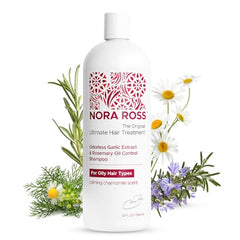 Nora Ross Garlic Extract Oil Control Shampoo bottle promoting deep scalp cleansing for oily hair