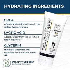 Nordic Care Foot Care Cream nourishes with urea, glycerin, lactic acid and eucalyptus