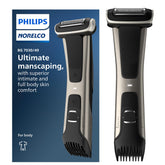 Norelco Bodygroom 7000 head close-up showing double grooming heads for versatile trimming and shaving.
