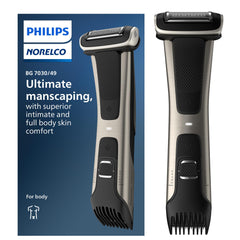 Norelco Bodygroom 7000 head close-up showing double grooming heads for versatile trimming and shaving.