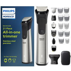 Norelco Multigroom 9000 case and tools organized for travel-ready grooming.