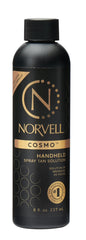 Norvell Cosmo spray tan bottle front shows premium self-tanner for rich, natural tone.