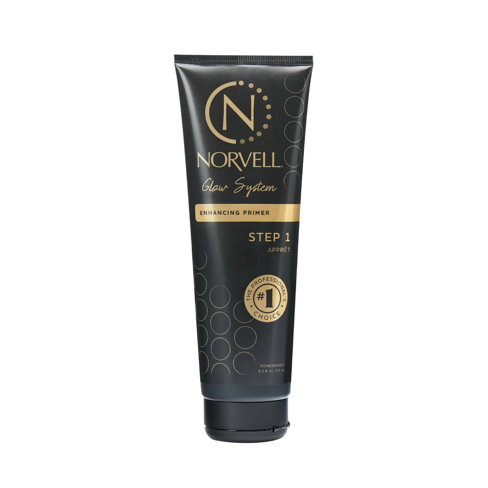 Norvell Glow System Primer bottle on countertop for even pre-tan prep
