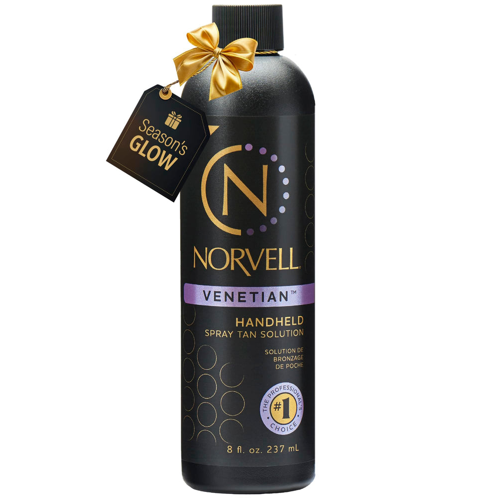 Norvell Venetian bottle front shows premium spray tan solution for easy, even color development.