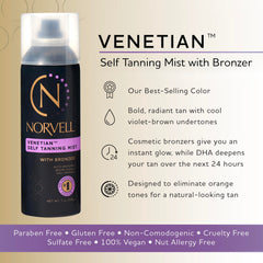 Norvell Venetian Sunless Mist spray nozzle enables smooth, hands-free coverage.