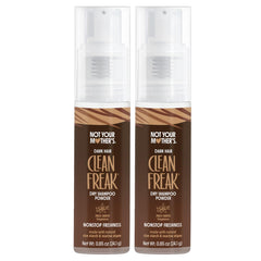 Not Your Mother's Clean Freak dark hair dry shampoo powder application highlights oil absorption for refreshed roots.