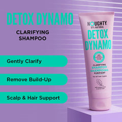 Noughty Detox Dynamo bottle being poured to show cleansing action and residue removal.