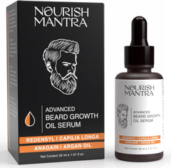 nourish-mantra beard oil bottle closeup for fuller, healthier beard growth.