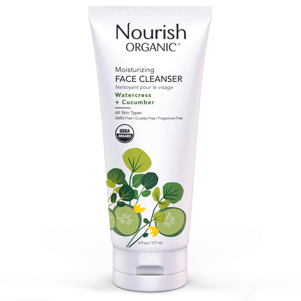 Nourish Organic moisturizing face cleanser bottle—hydrating formula for all skin types.