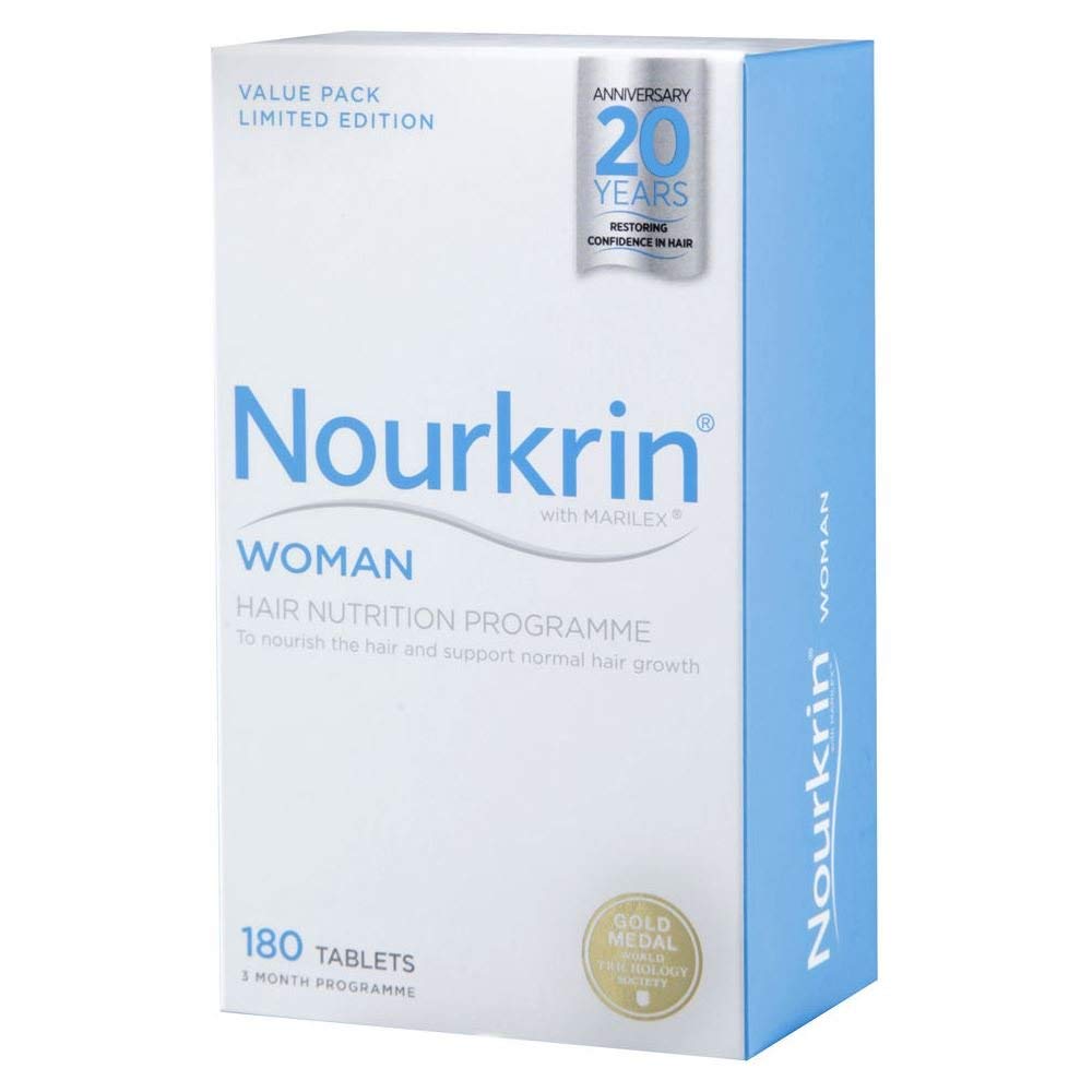 Nourkrin Woman hair growth tablets bottle offering drug-free nourishment for thinning hair.