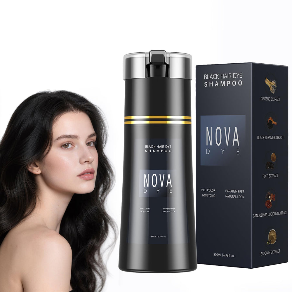 Nova DYE Shampoo bottle application demonstrates easy 3-in-1 use for busy lifestyles.