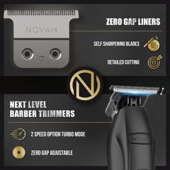 NOVAH Grooming barber trimmer metal unibody close-up highlights premium grip.