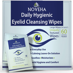 NOVEHA daily eyelid wipes pack shown for convenient, gentle eye hygiene anywhere.