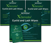 NOVEHA Demodex eye wipes box shows 60 individually wrapped units for on-the-go cleansing.