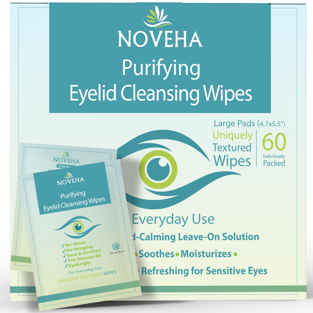 NOVEHA Eyelid & Lash Wipes pack of 60 offers gentle cleansing for sensitive eyes.