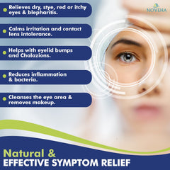 NOVEHA eyelid wipes being applied around the eye area for gentle cleaning.