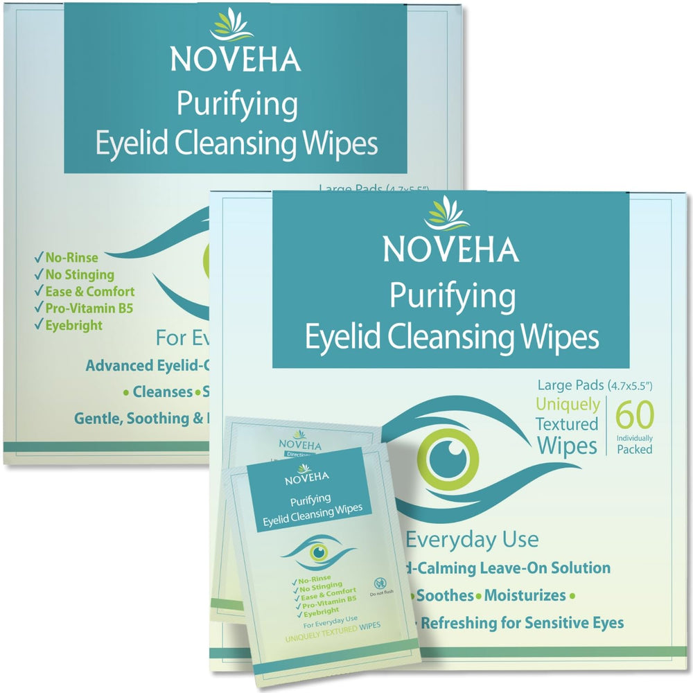 NOVEHA eyelid wipes pack closeup showing convenient cleansing for sensitive eyes