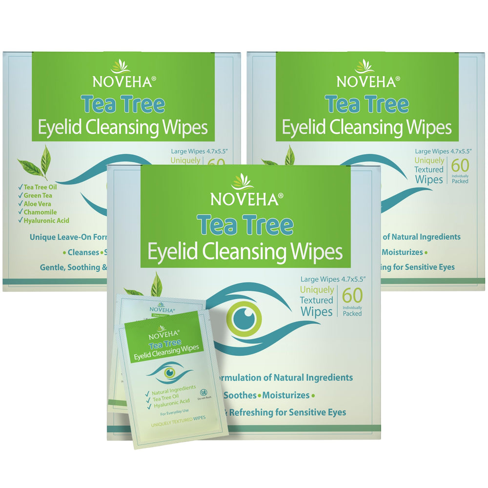 NOVEHA tea-tree oil eyelid wipes box front for gentle daily eye care