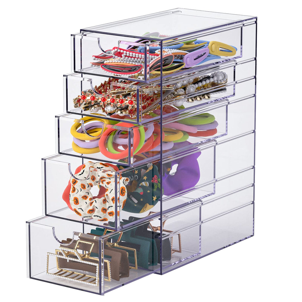 Noverlife Clear Containers five-drawer front view shows spacious storage for hair accessories