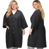 Noverlife hair salon smocks cape front view in black offers relaxed movement.