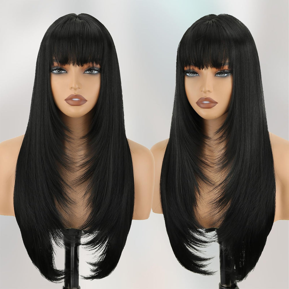 NOVFLKW black long straight wig with bangs 26in closeup reveals natural texture for daily wear.