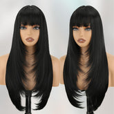 NOVFLKW black long straight wig with bangs 26in closeup reveals natural texture for daily wear.