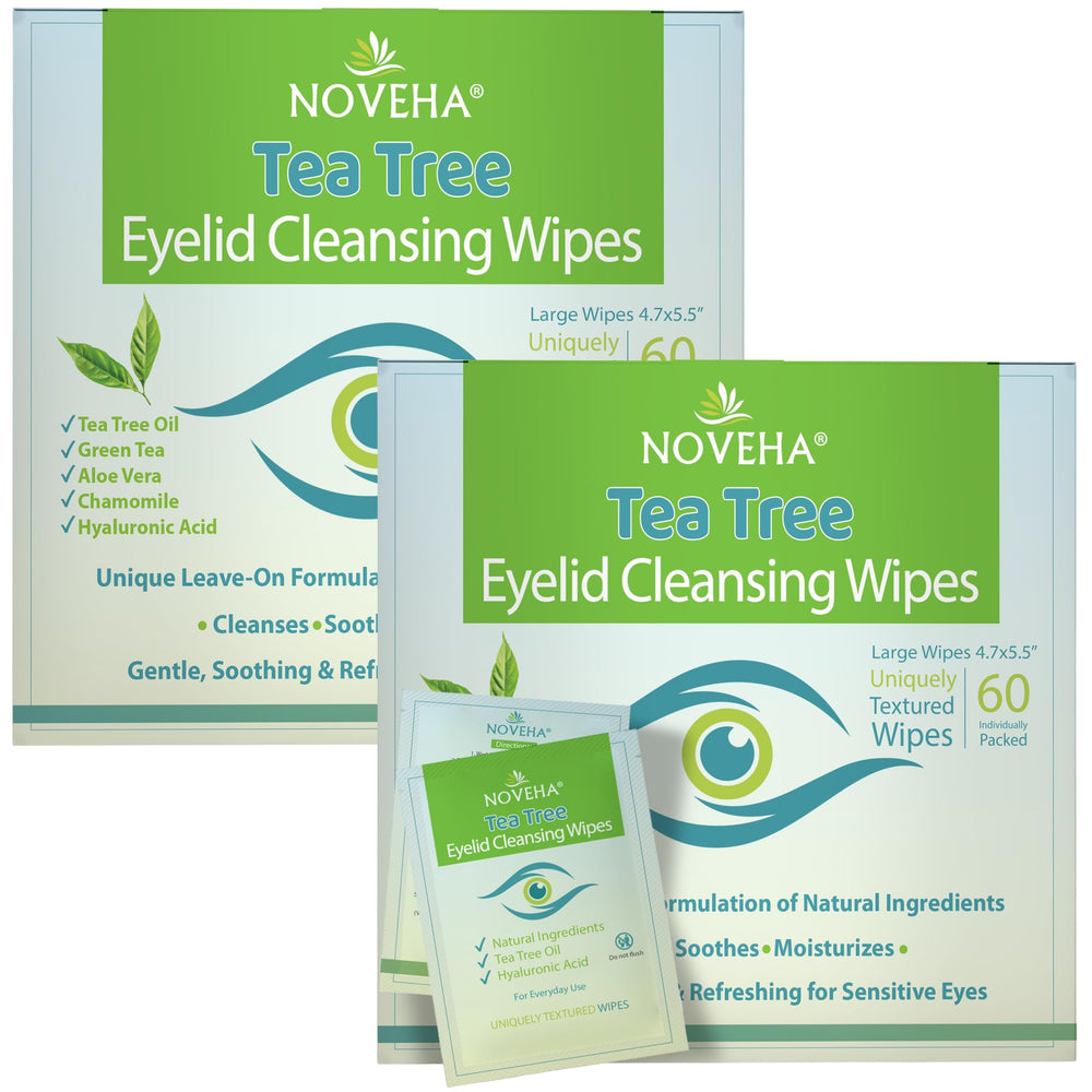 NOVEHA Tea Tree Eyelid Wipes pack closeup with on-the-go convenience