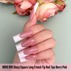NOVO OVO soft gel nail tips in berry pink ready for easy press-on application