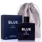NovoGlow Blue De Paris bottle-front reveals a fresh woody citrus profile for daily confidence.
