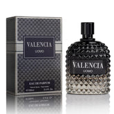 NovoGlow Valencia UOMO bottle showcases woody aromatic notes for daily wear.