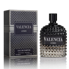 NovoGlow Valencia UOMO bottle showcases woody aromatic notes for daily wear.