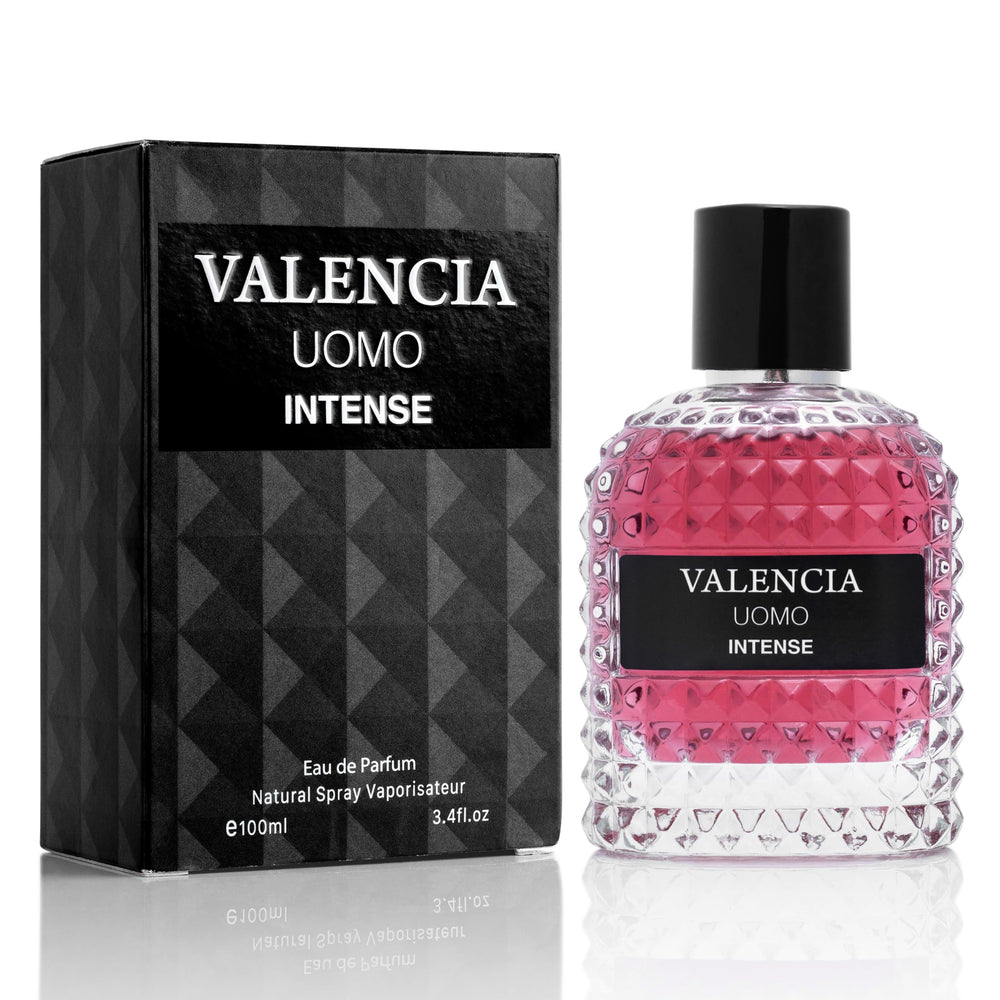 NovoGlow Valencia UOMO Intense bottle front showing amber fougere profile for confident daywear