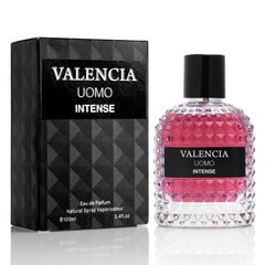 NovoGlow Valencia UOMO Intense bottle front showing amber fougere profile for confident daywear