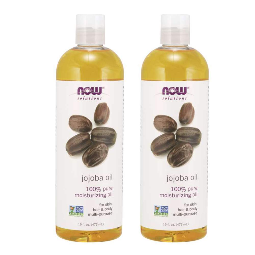 NOW Foods Jojoba Oil bottle highlights 16oz size for daily moisture.
