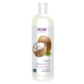 NOW Foods Liquid Coconut Oil bottle shows light texture and fast absorption for skin care.