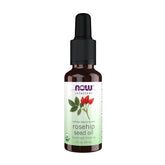 NOW Foods Rose Hip Seed Oil bottle highlighting pure, organic formula for facial care