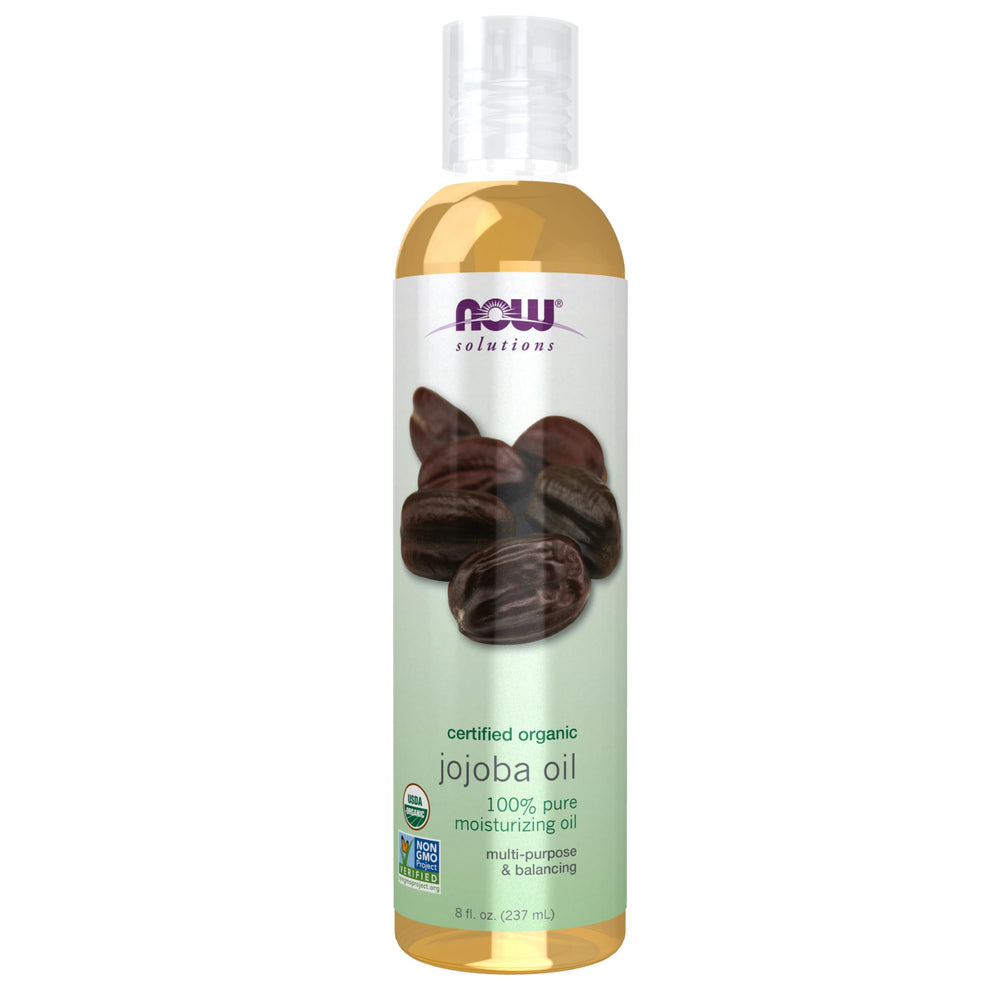 NOW Solutions Organic Jojoba Oil bottle front; versatile moisturizer for face, hair, and body.