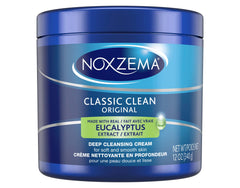 Noxzema Classic Clean packaging with six-pack on shelf suggests value and convenience.